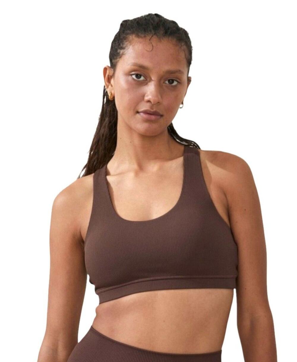 COTTON ON BODY Strappy Sports Crop Top Medium Brown Rib Scoop Neck Yoga Bra NWT